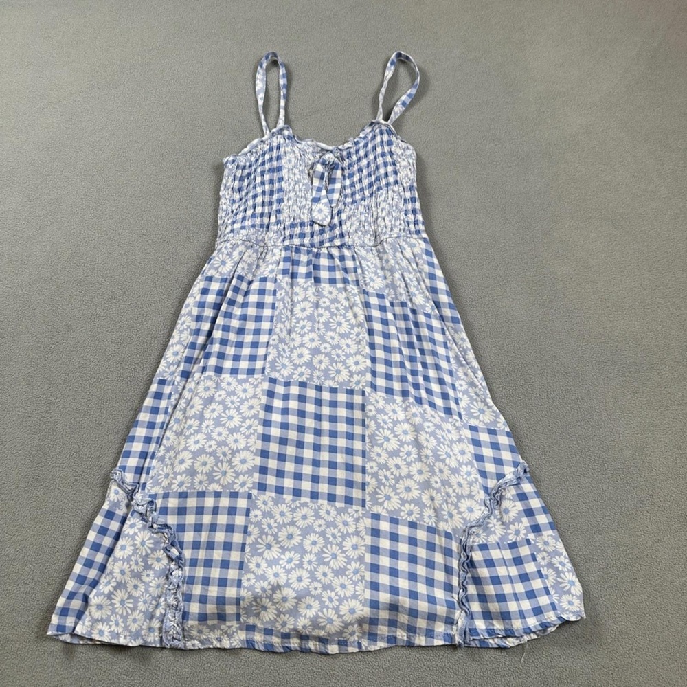 X-Tween Girls Blue White Gingham Daisy Patchwork Smocked Sun Dress Size 12 7G542